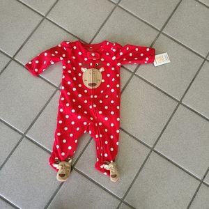 NWT Carter's Infant Girls 3 Month Fleece Reindeer Christmas Zip Sleeper